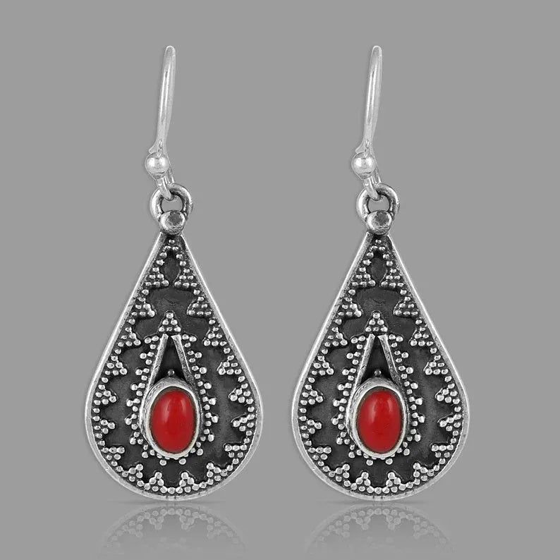 Silver water drop earrings with red pine gemstone accents and retro European American styling