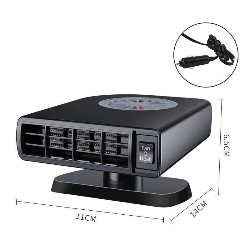 Black compact vehicle-mounted heater for car defrosting and air purification on a dashboard.