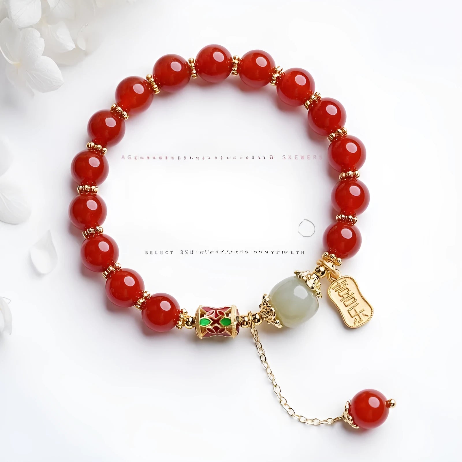 Women's red agate and Hetian jade beads bracelet with gold-plated setting in three style variations
