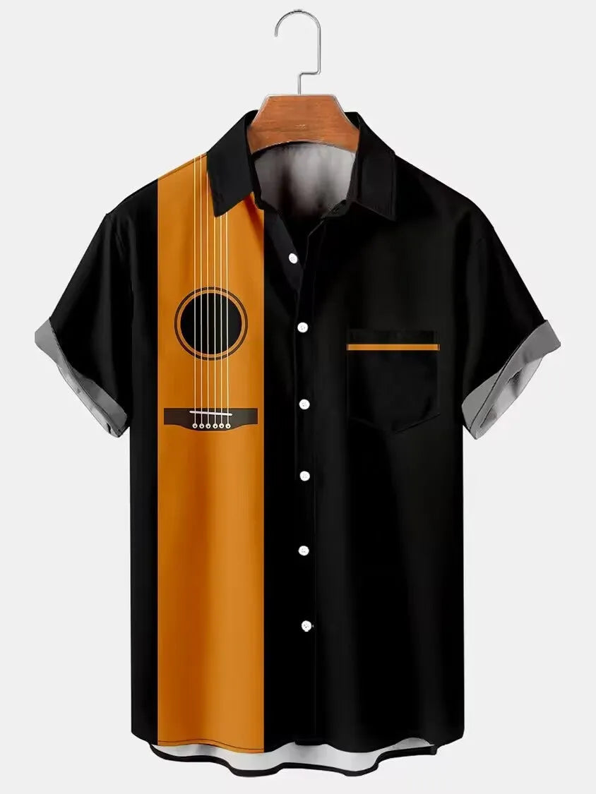Men's loose casual polyester music bowling shirt in picture colour, front view