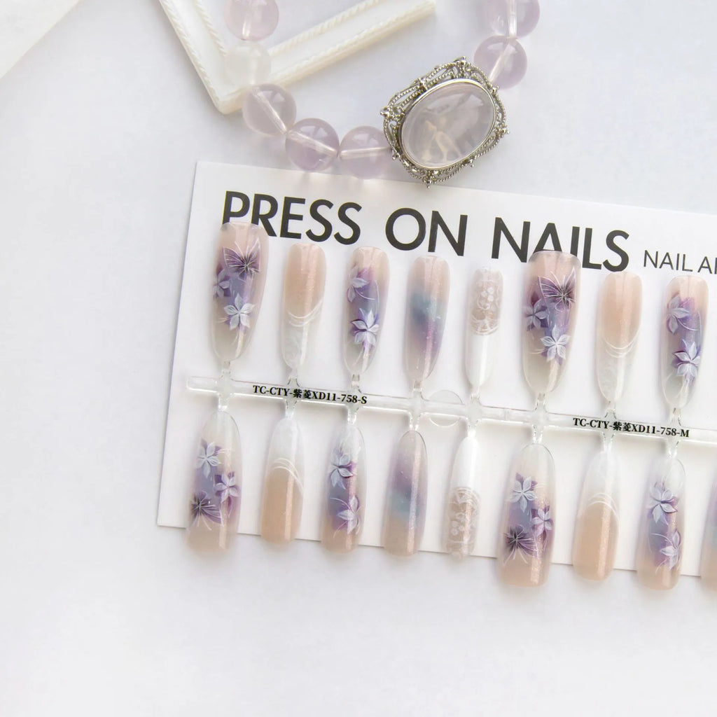 Chinese style butterfly oval almond prefabricated nail art tips 40 pieces set in natural frosted and glossy finishes