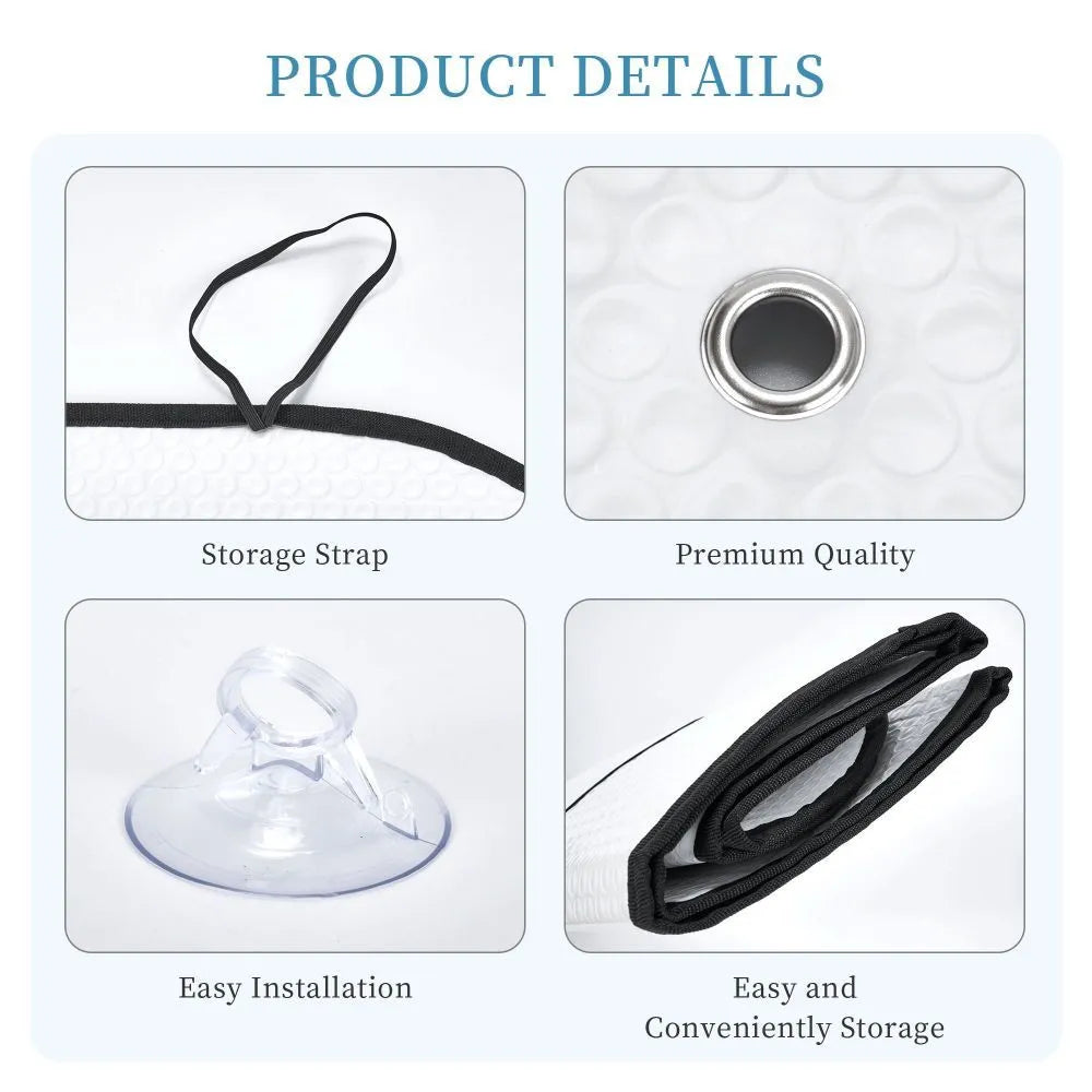 White aluminium foil car windshield sun visor with suction cups on glass