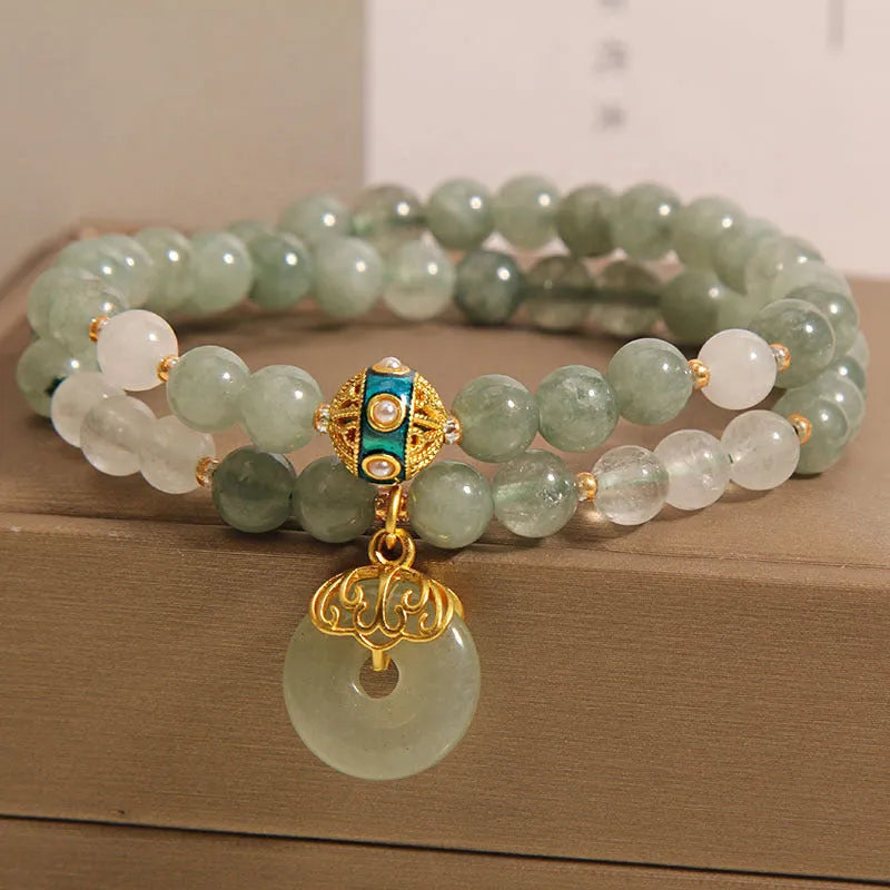 Women's aventurine crystal bracelet with double-layer design and peace buckle in oil green jade colour