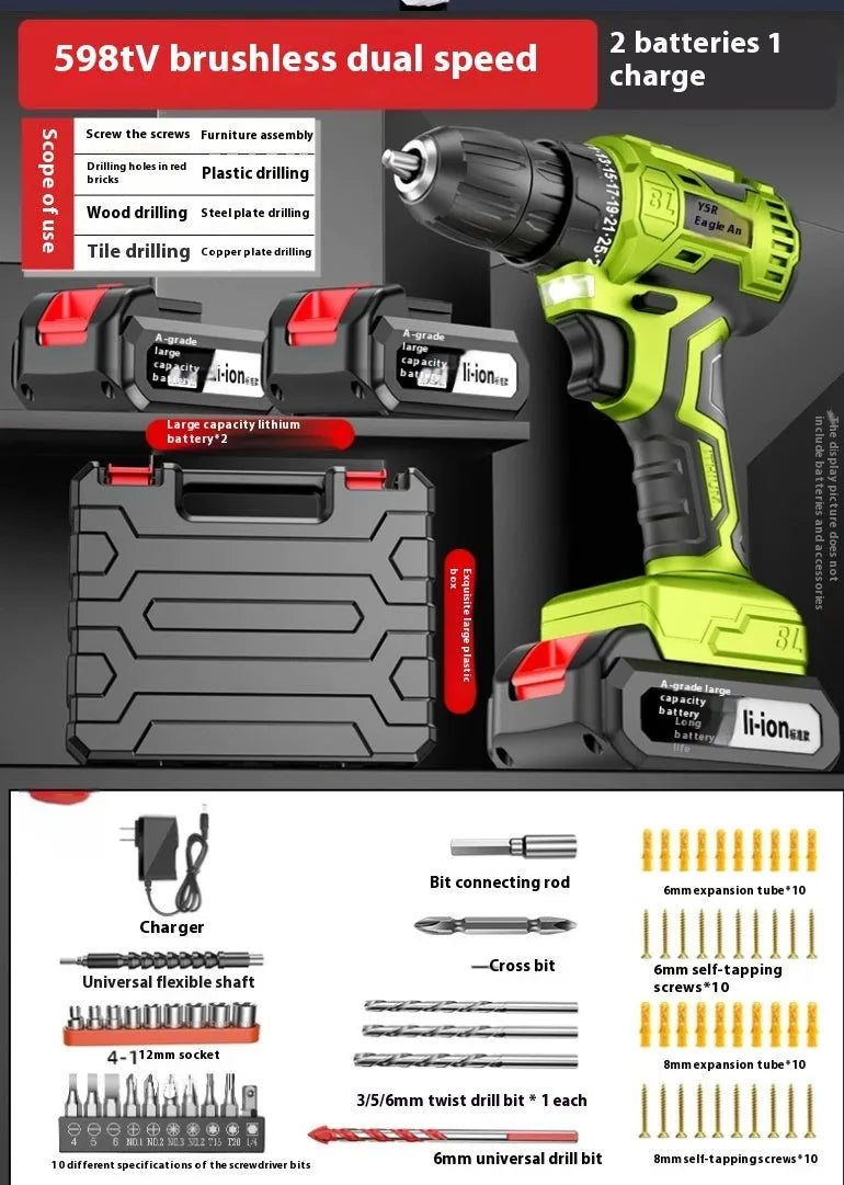 Brushless cordless impact drill 21V 300W with lithium batteries and 10mm chuck for wood steel concrete drilling