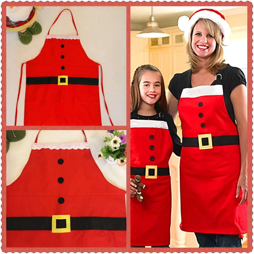 Red Christmas apron with Merry Christmas print for adult and children's kitchen use