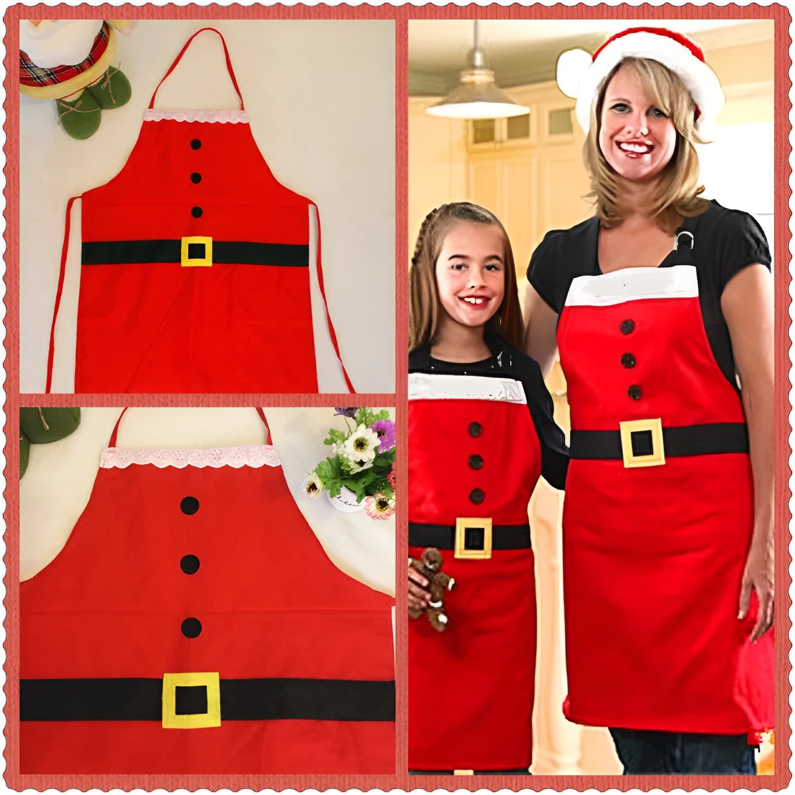 Red Christmas apron with Merry Christmas print for adult and children's kitchen use