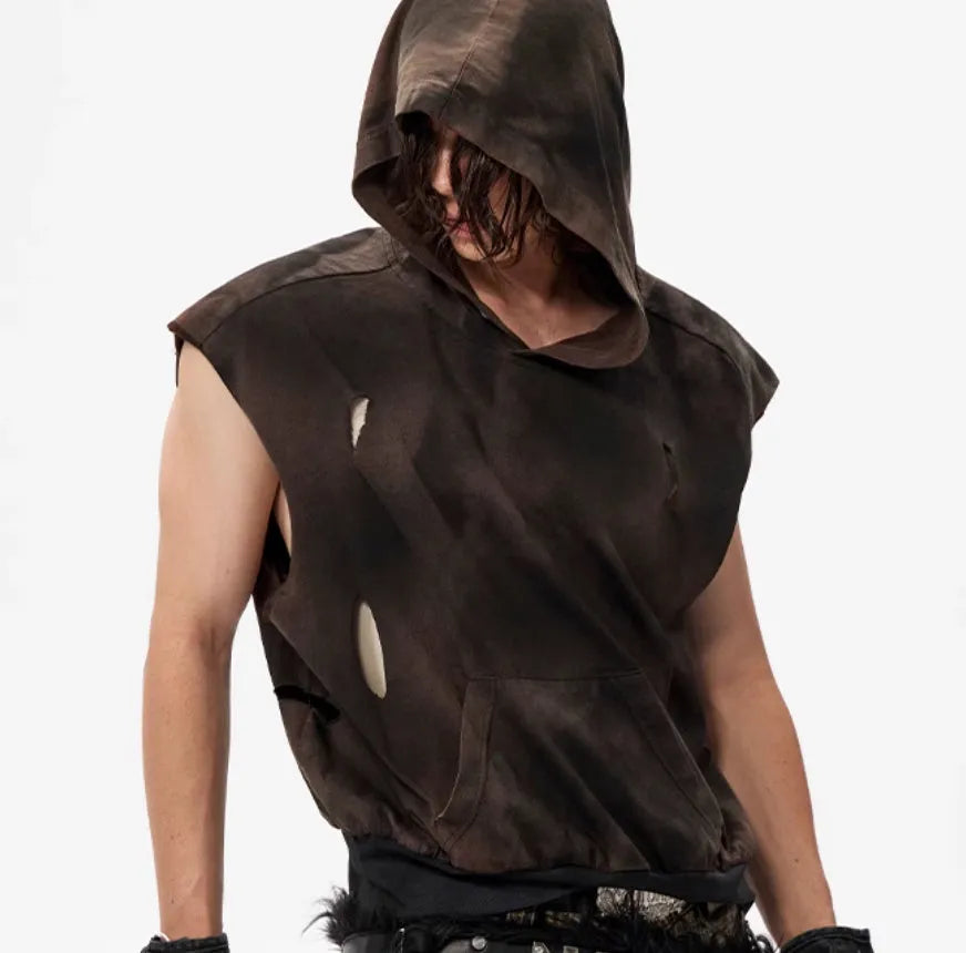 Khaki coloured short-sleeved cotton hood vest for youth, shown on a hanger.