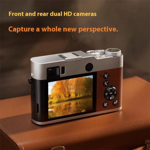 Black and brown 5K digital camera with dual lenses, a 2.88-inch screen, and an optical viewfinder on top.