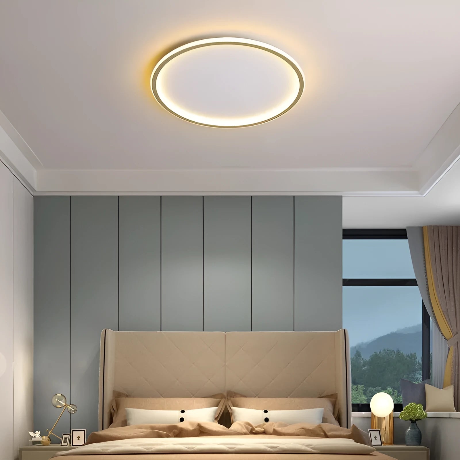 Minimalist modern bedroom ceiling lamp in black, gold or white finish, shown in 60cm size.