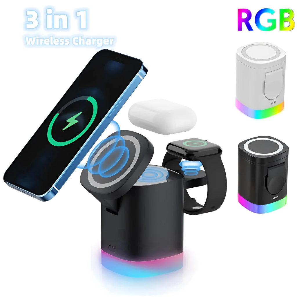 Black and white foldable 3-in-1 magnetic wireless fast charging station for phone, watch and earbuds.