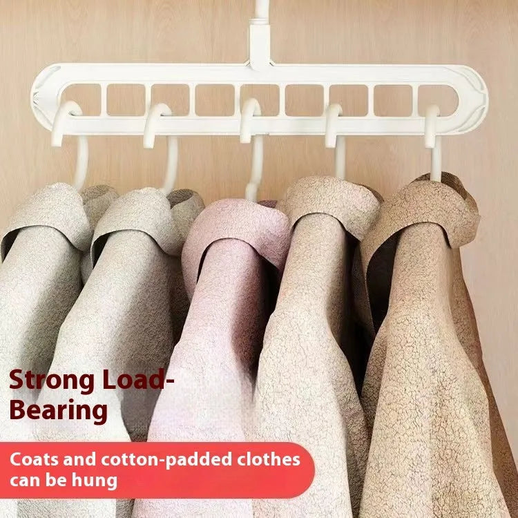 Plastic folding hanger with nine holes for trousers in beige, blue, green, grey, or pink colours.