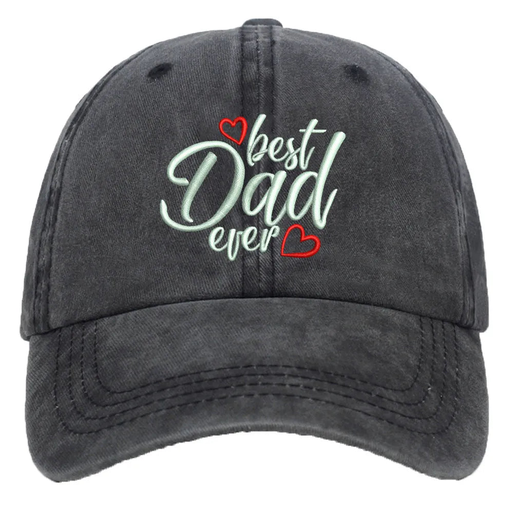 Washed cotton baseball cap with embroidered letters, adjustable strap, dome crown.