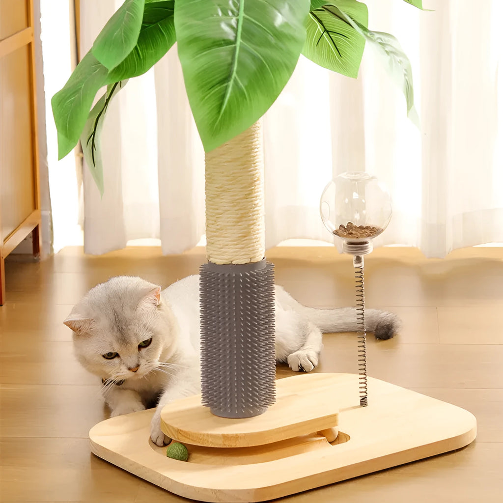 Tall, light brown wooden cat scratching post with a square base and a hanging toy featuring a blue ball.