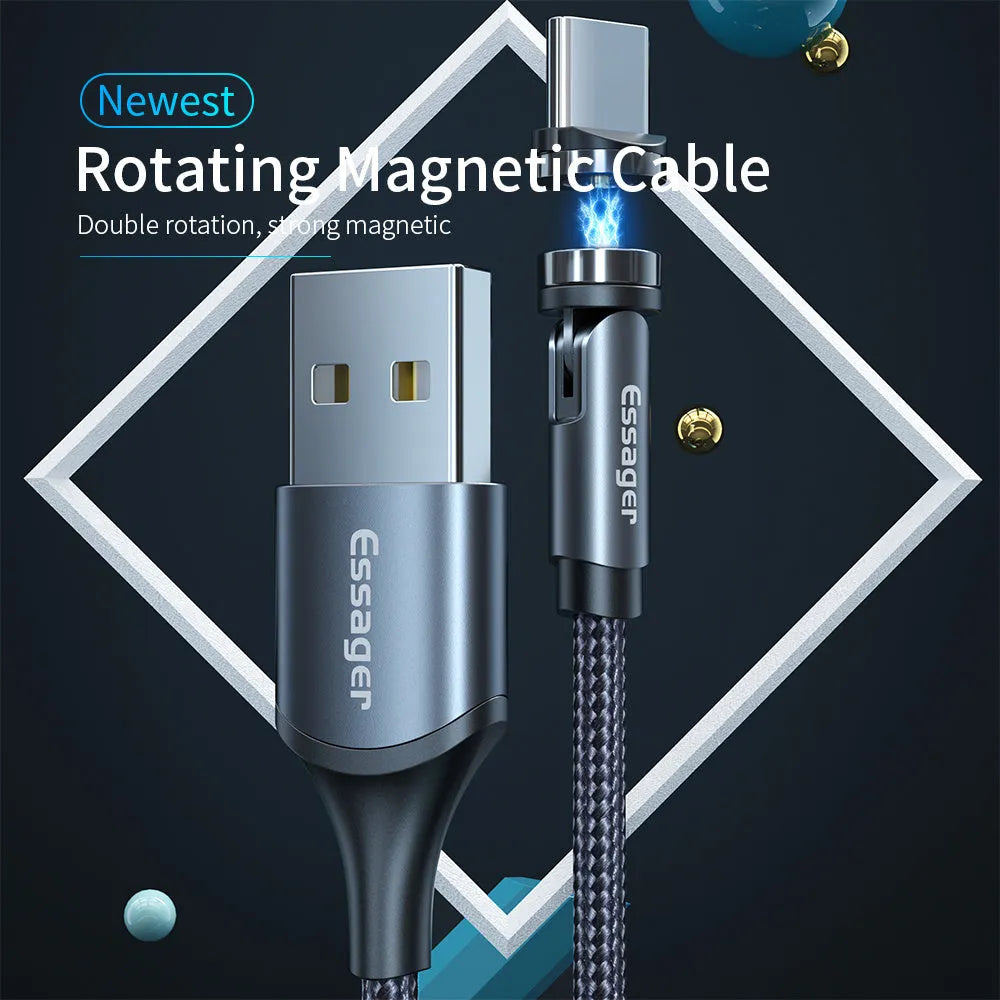 Essager black magnetic charging cable with blue LED light, showing 360-degree rotating connector.
