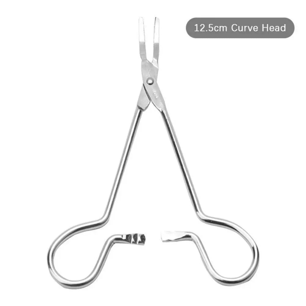 Silver stainless steel pet ear cleaning tweezers with anti-slip handle on a white background.