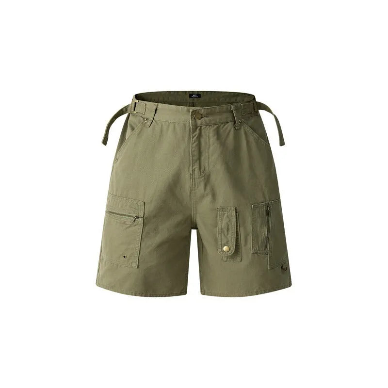 Retro workwear shorts in washed cotton cloth with loose fit and half elastic waistband