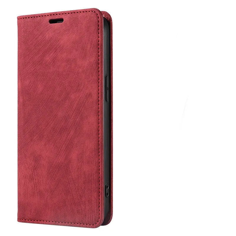 Magnetic flip wallet phone case for iPhone in grey, showing card slots and closed magnetic clasp.