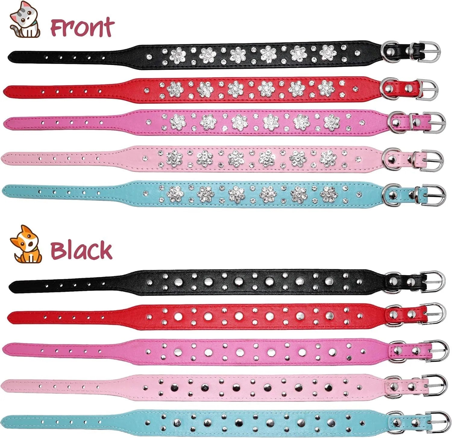 A black PU leather dog collar with glittering rhinestone flower studs and a metal D-ring.