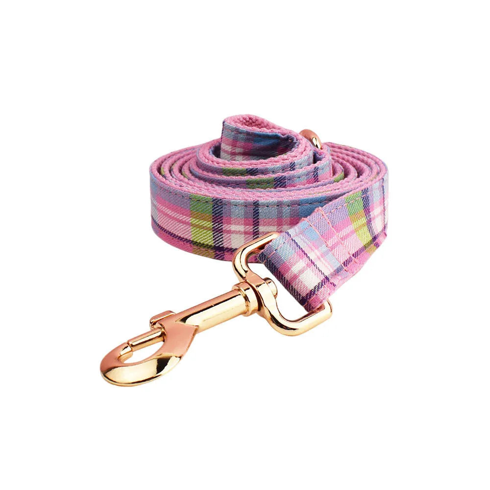 Four-piece dog accessory set showing collar, leash, vest and bow in cloth material