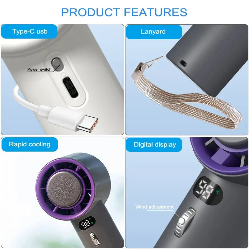 White handheld personal cooling fan showing turbine vent and adjustable controls.