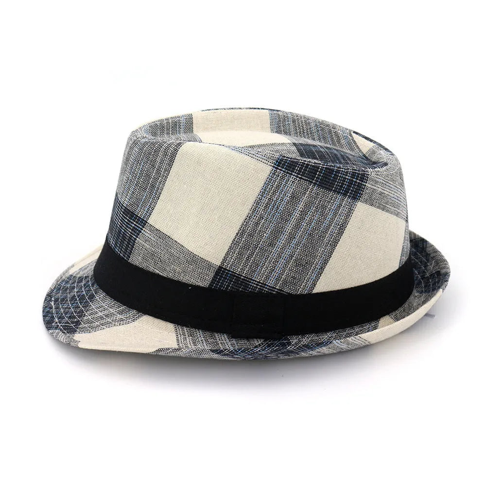 Blue polyester sun hat with a bell-shaped crown and a medium brim on a neutral background