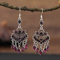 Retro long fringe drop earrings with crystals in smart water drop purple colour