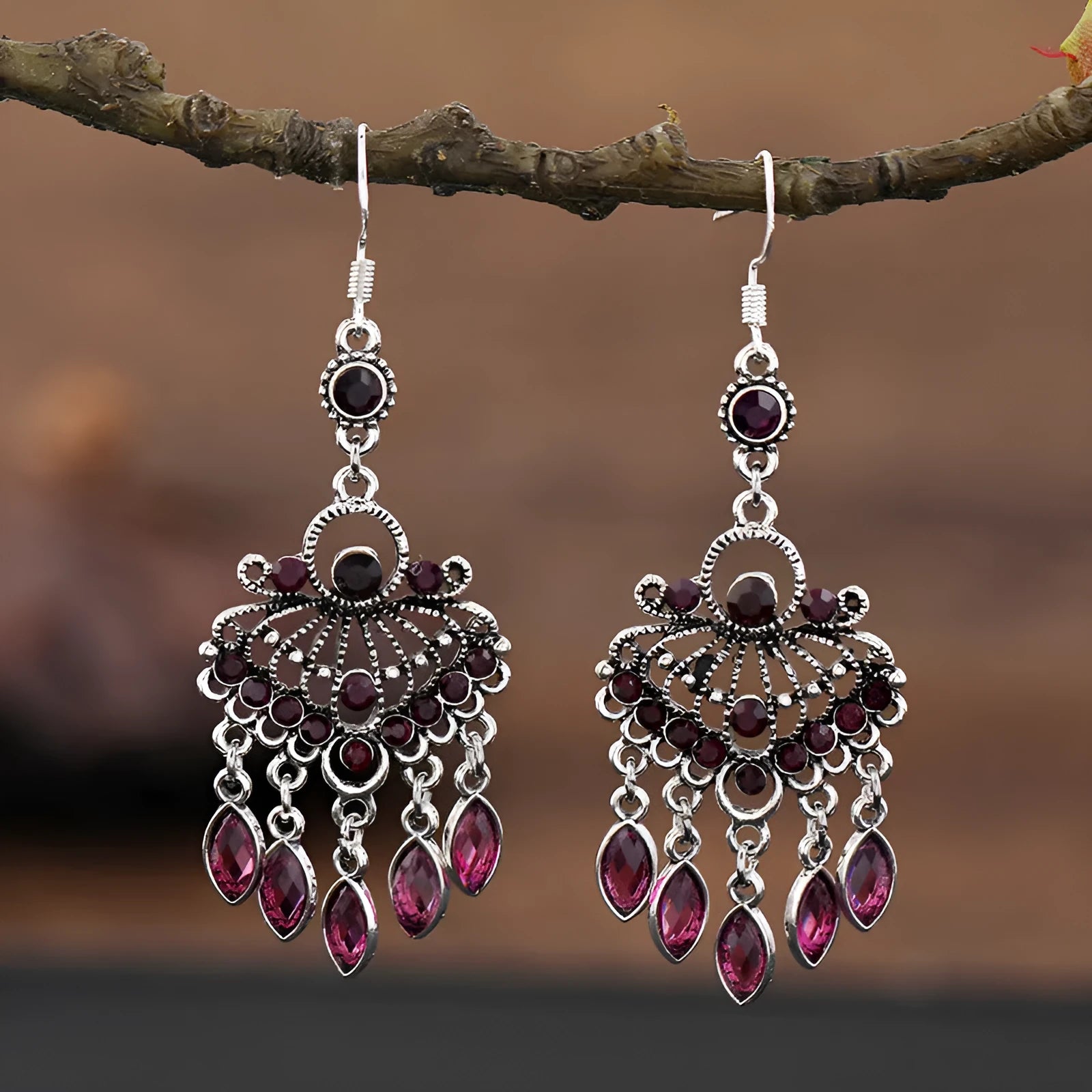 Retro long fringe drop earrings with crystals in smart water drop purple colour