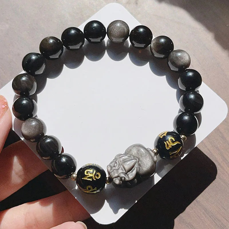 Men's natural silverstone bracelet with Chinese zodiac design and manual bead stringing