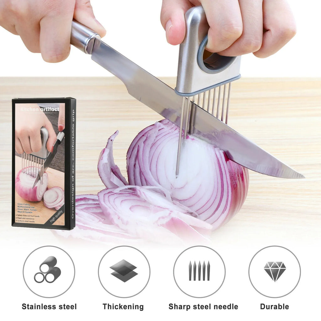 Stainless steel onion holder with sharp prongs and finger guard for vegetable slicing