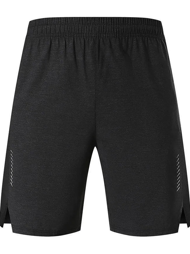 Men's forest green spandex casual shorts with a five-point design and mid-waist fit on a grey background.
