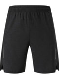 Men's forest green spandex casual shorts with a five-point design and mid-waist fit on a grey background.