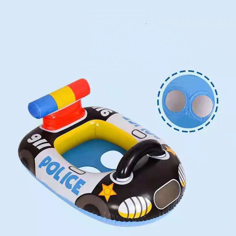 Black PVC inflatable police car children's swimming ring with anti-rollover cushion design on white background