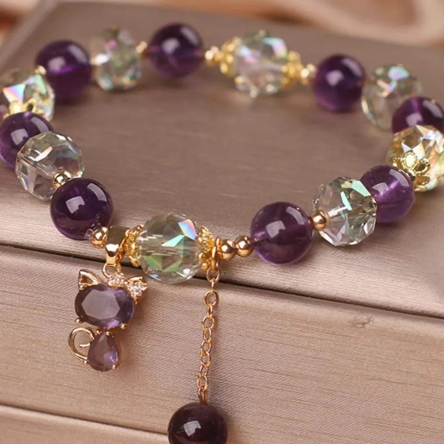 Women's natural amethyst crystal bracelet with nine-tailed fox pendant and leaf flower charm