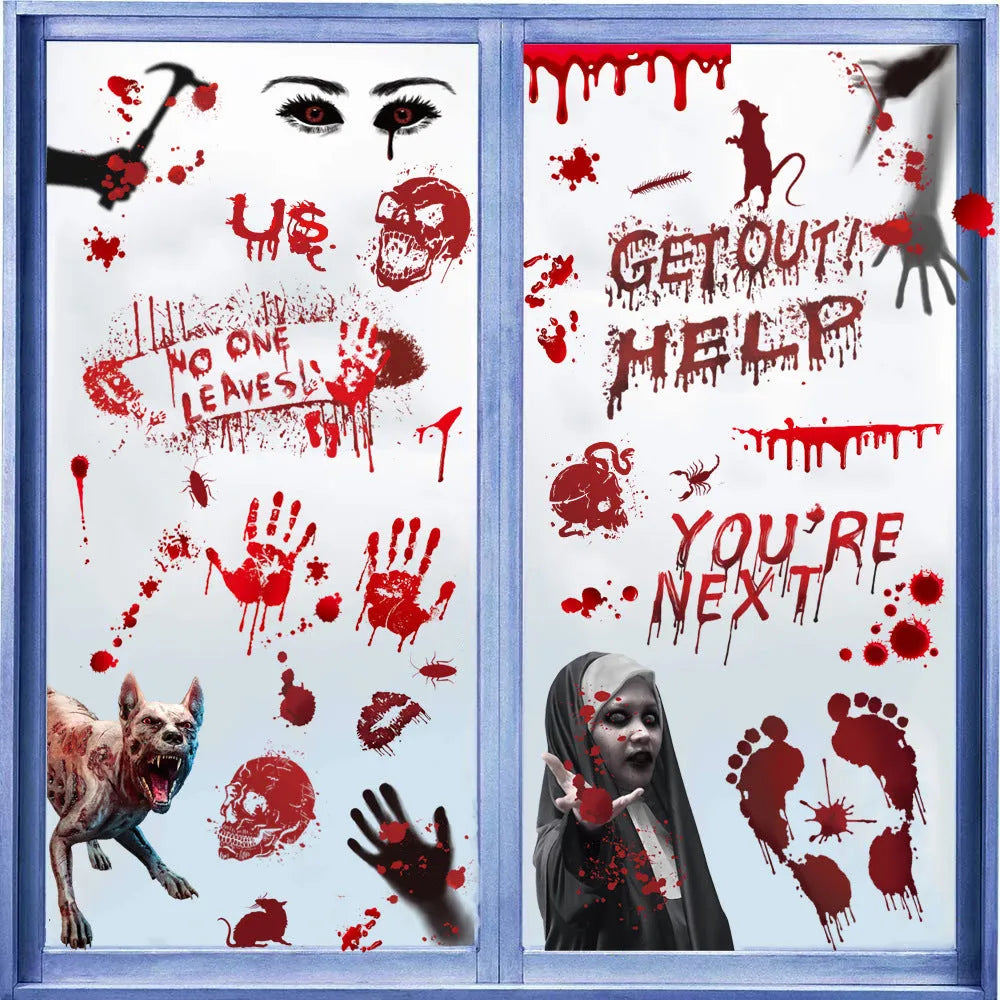 PVC horror wall sticker set with blood hands, feet, and skull motifs in New Blood Stain colour on a smooth wall