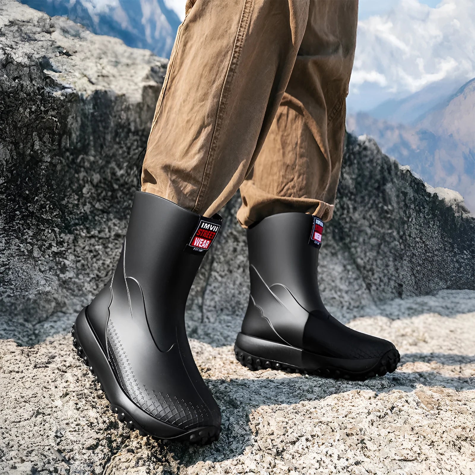 Men's black red PVC rain boot with round toe and plastic sole on a wet surface