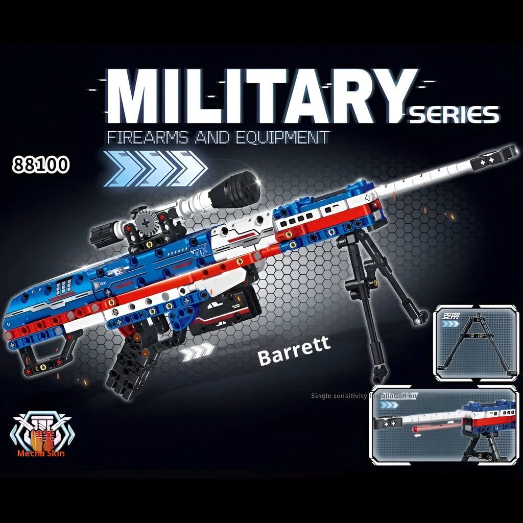 Patriotic Barrett sniper rifle building block toy set with red and gold small particle plastic bricks and rubber parts