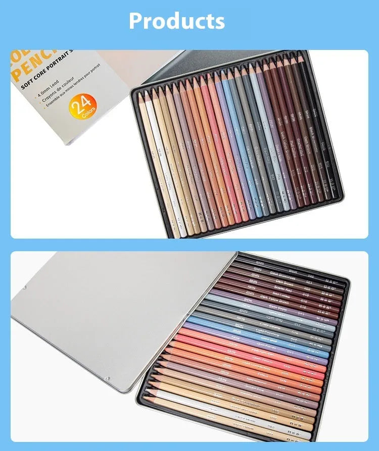 24 skin tone colour pencils in round iron brush pot for portrait artwork