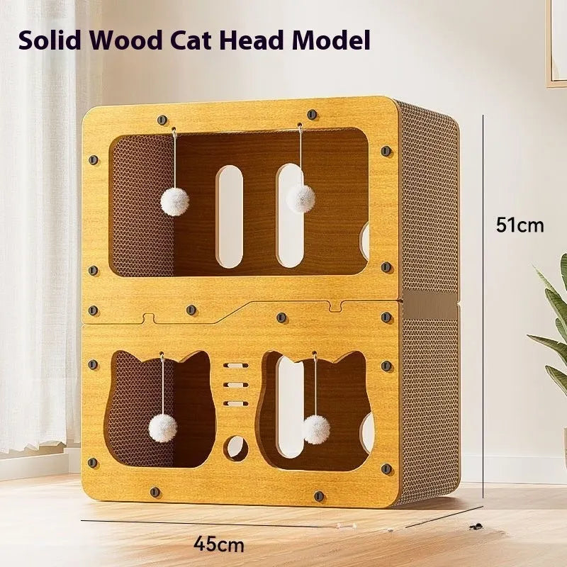 Wear-resistant cat scratching board attached to a double-layer enclosed cat nest in a cute owl design style.