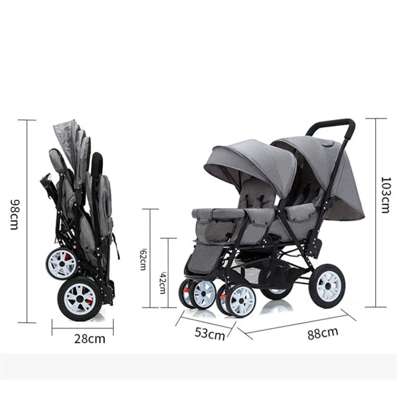 Folding double stroller with front and rear seats for two children, gray colour, dimensions 880x530x1030mm