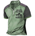 Men's casual lapel collar polo shirt with a digital letters pattern and zipper details on the front.