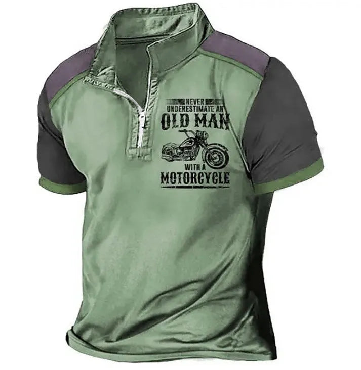 Men's casual lapel collar polo shirt with a digital letters pattern and zipper details on the front.