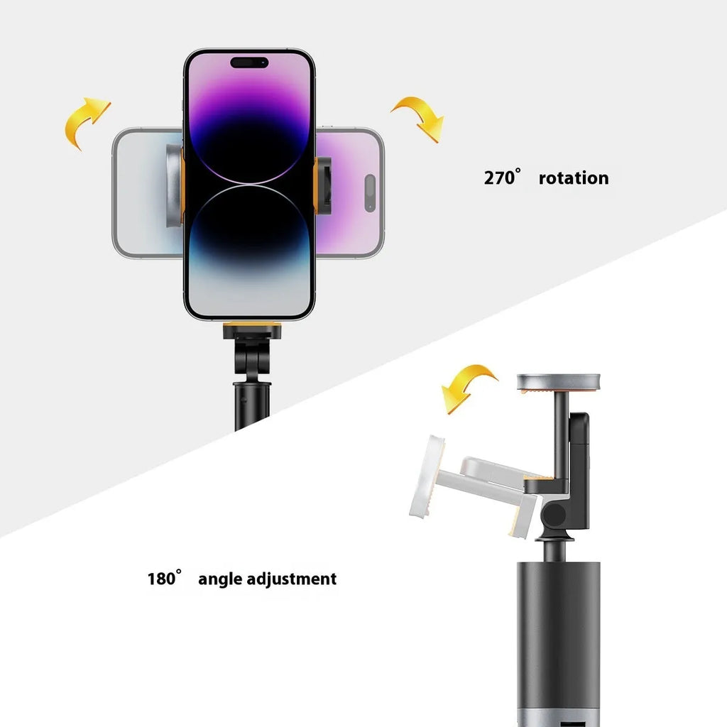 Mobile Bluetooth live streaming integrated stand selfie stick in black alloy on a tabletop with smartphone attached for hands-free recording.