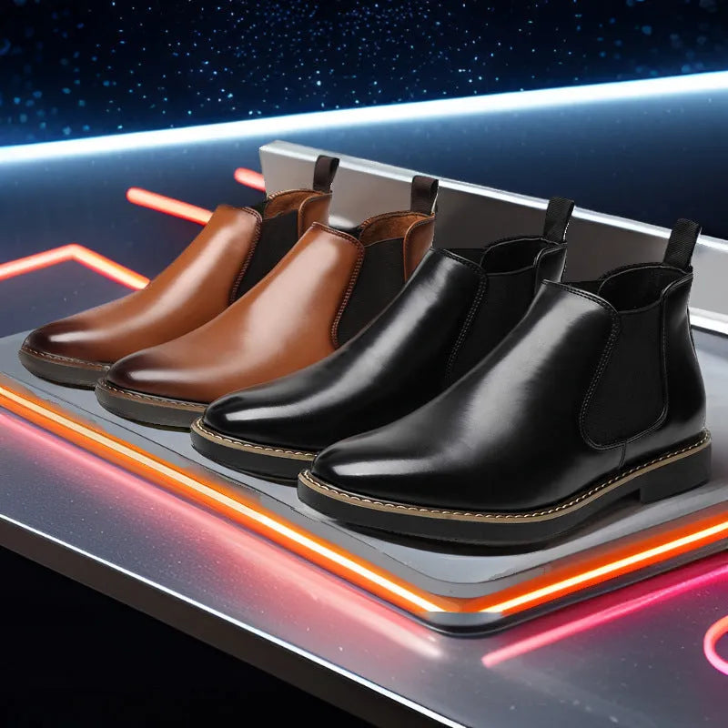 Men's black British-style mid-calf oversleeve boots with a flat square heel on a white background.