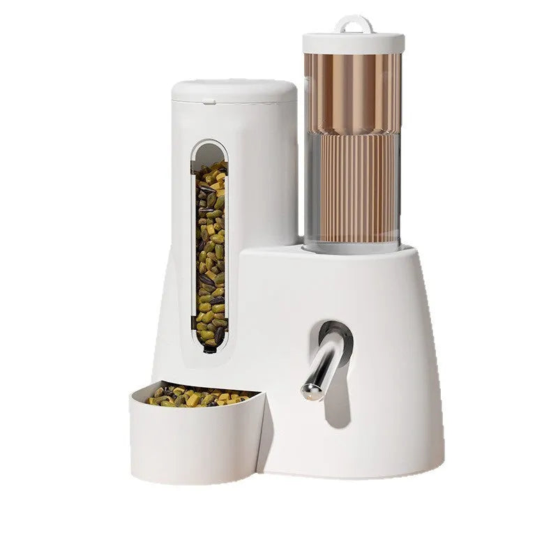 White automatic drinking water feeder with attached food bowl for hamsters, shown next to blue and pink colour options.
