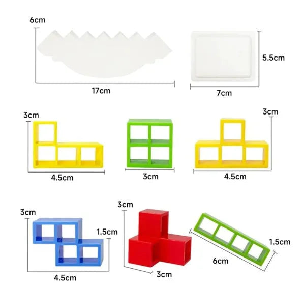 Plastic balance stacking game with 16 colourful building blocks on a square chassis