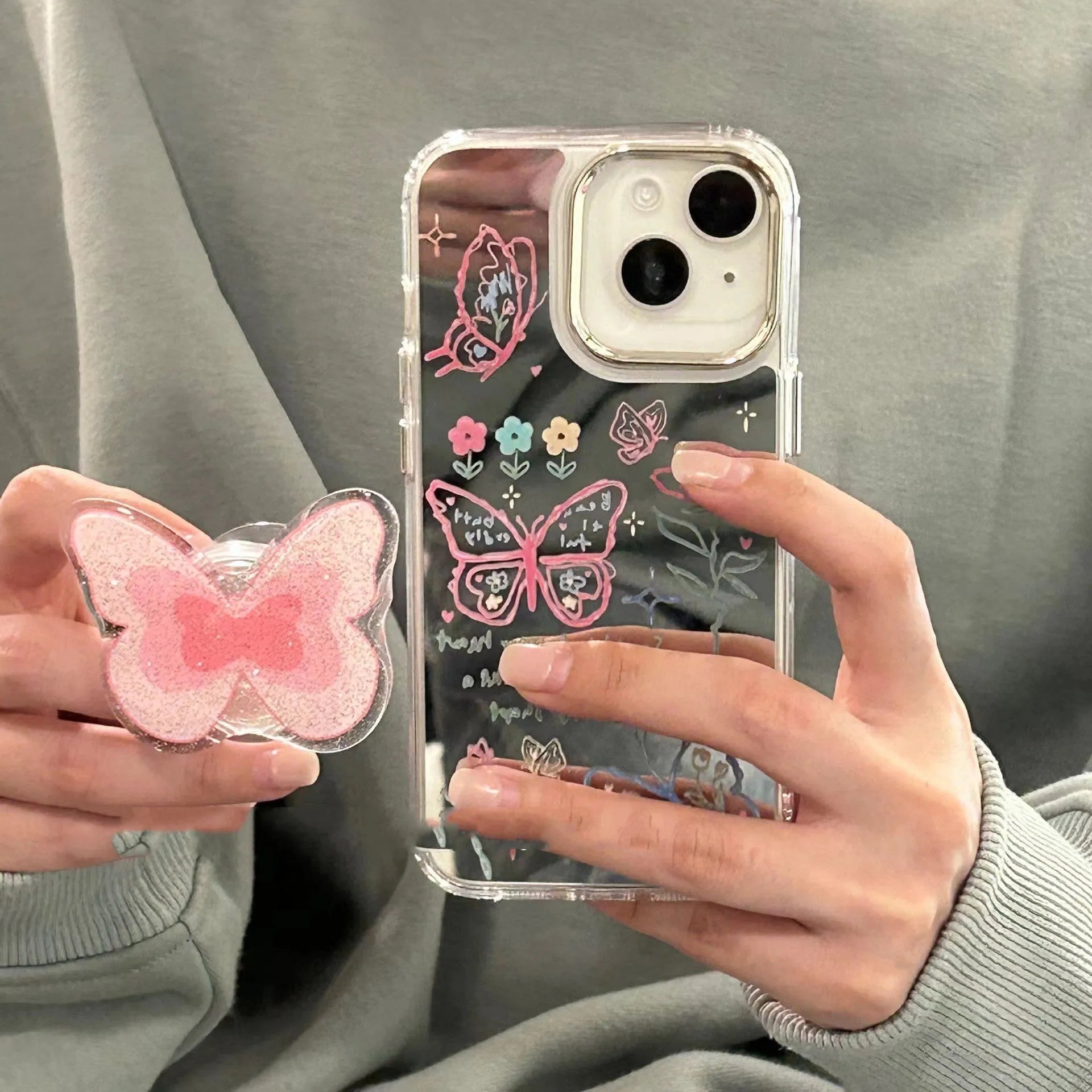 Silicone phone case with graffiti butterfly design and folding bracket for iPhone 12 Pro Max