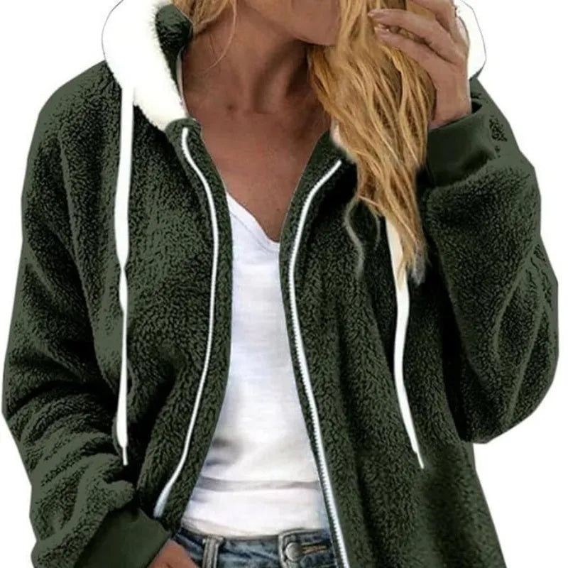Women's thick double-sided plush fur hooded overcoat in military green with artificial fur collar and long sleeves, 100cm length