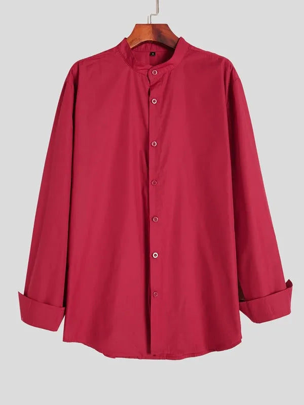 Red stand-up collar Chinese-style casual shirt for teenage men, front view