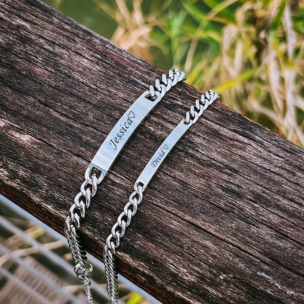 Engraved titanium steel couple bracelet with custom names in gold finish