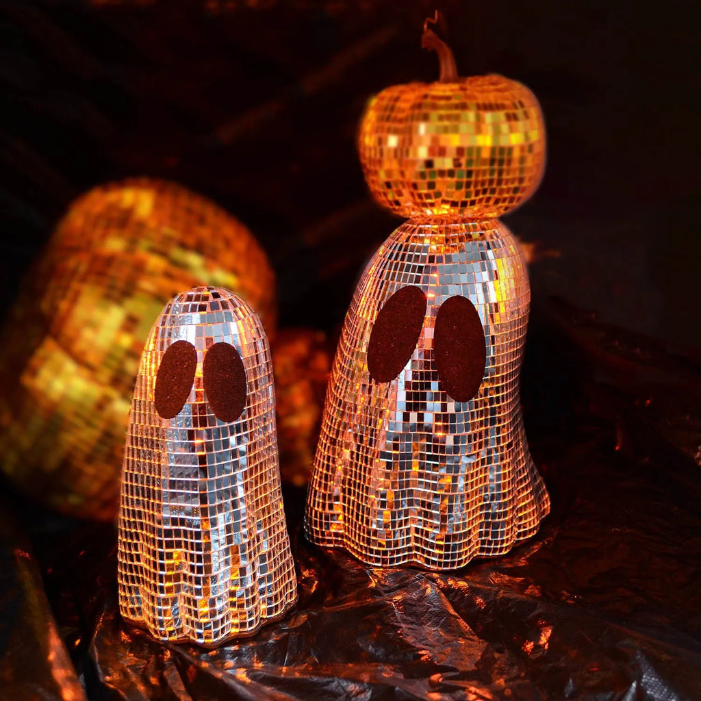 Silver ghost-shaped Halloween desktop decoration with sparkling mosaic mirror patch details.